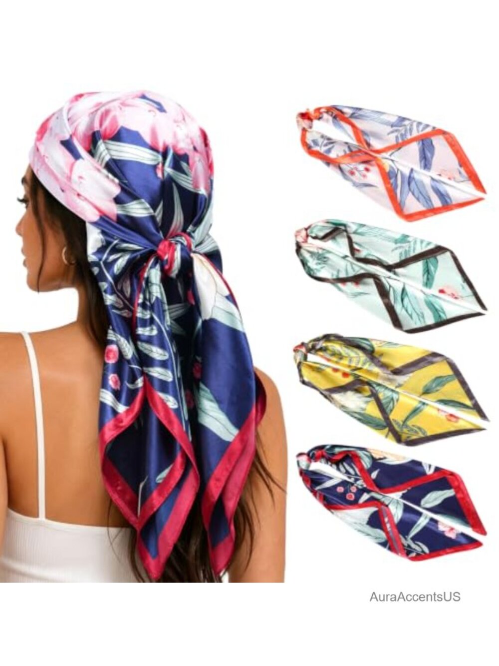 Satin Head Scarves 35x35 Large Square Hair Wrap Bandana 4 Pack